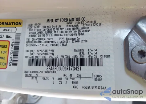 2020 Ford Fusion Hybrid Se from USA, damaged, VIN 3FA6P0LU0LR173421